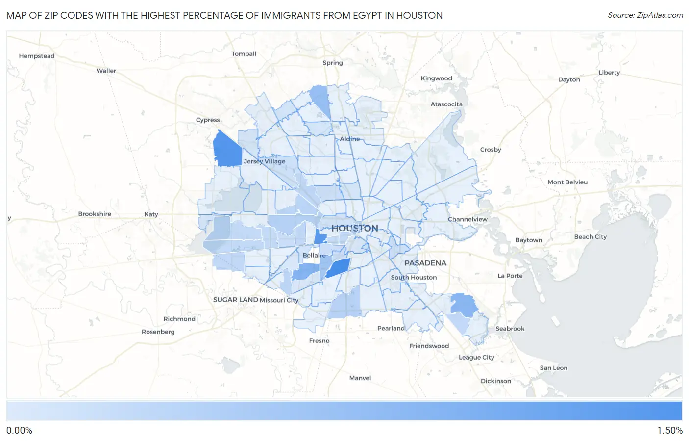 Zip Codes with the Highest Percentage of Immigrants from Egypt in Houston Map