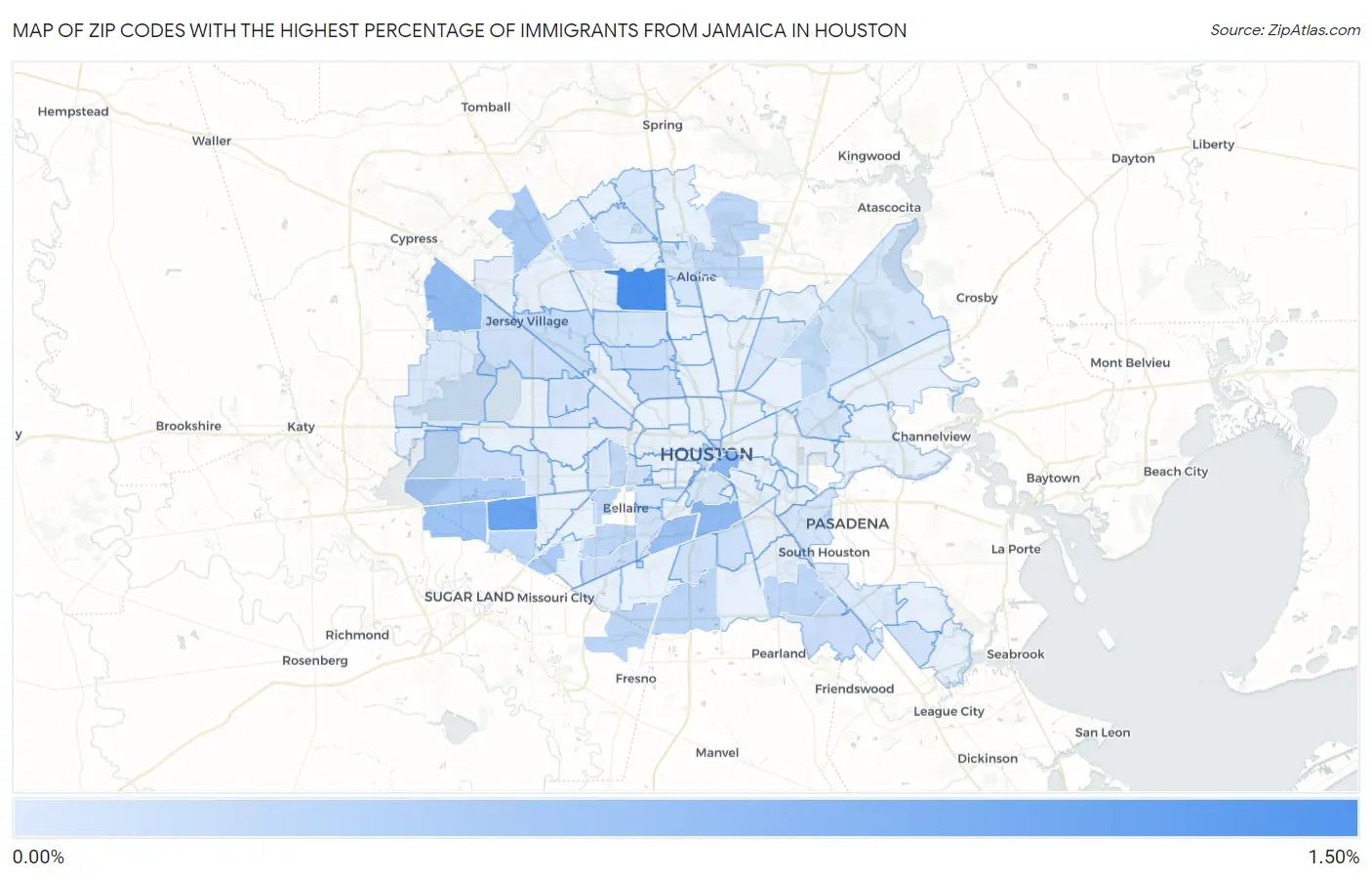 Zip Codes with the Highest Percentage of Immigrants from Jamaica in Houston Map