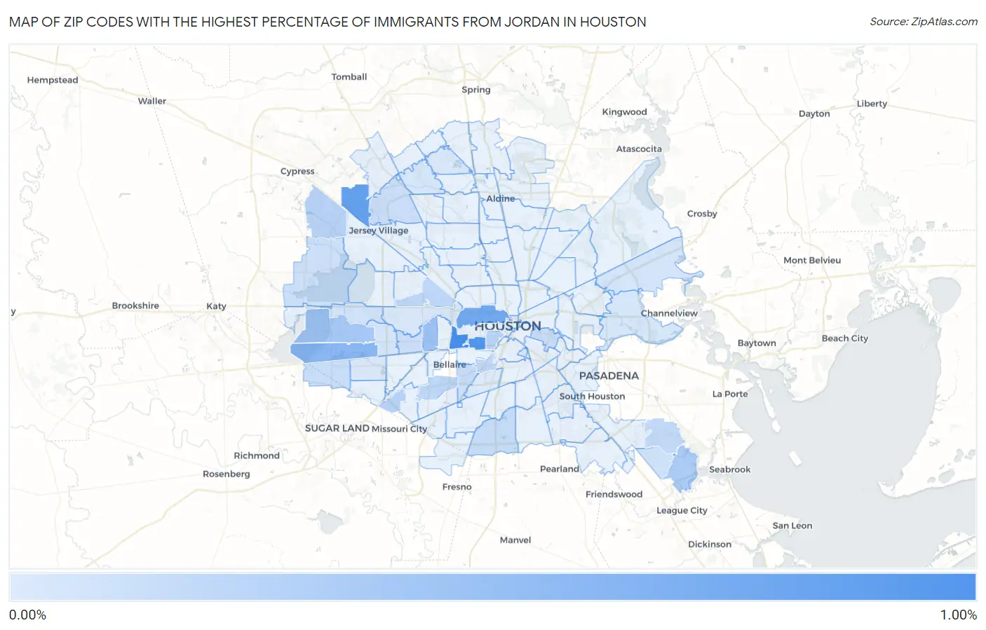 Zip Codes with the Highest Percentage of Immigrants from Jordan in Houston Map