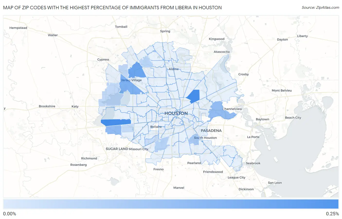 Zip Codes with the Highest Percentage of Immigrants from Liberia in Houston Map