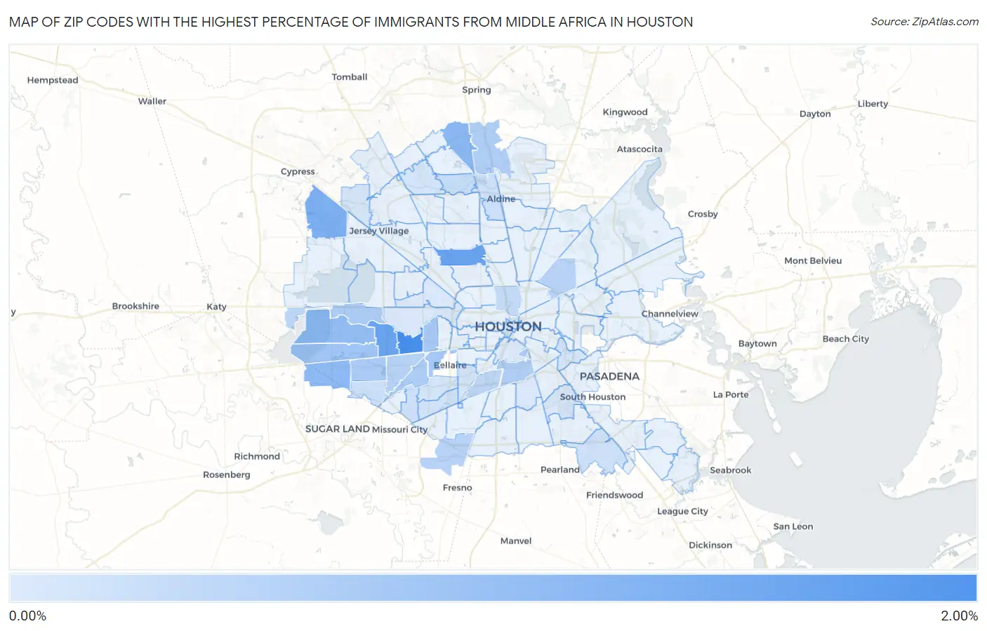 Zip Codes with the Highest Percentage of Immigrants from Middle Africa in Houston Map