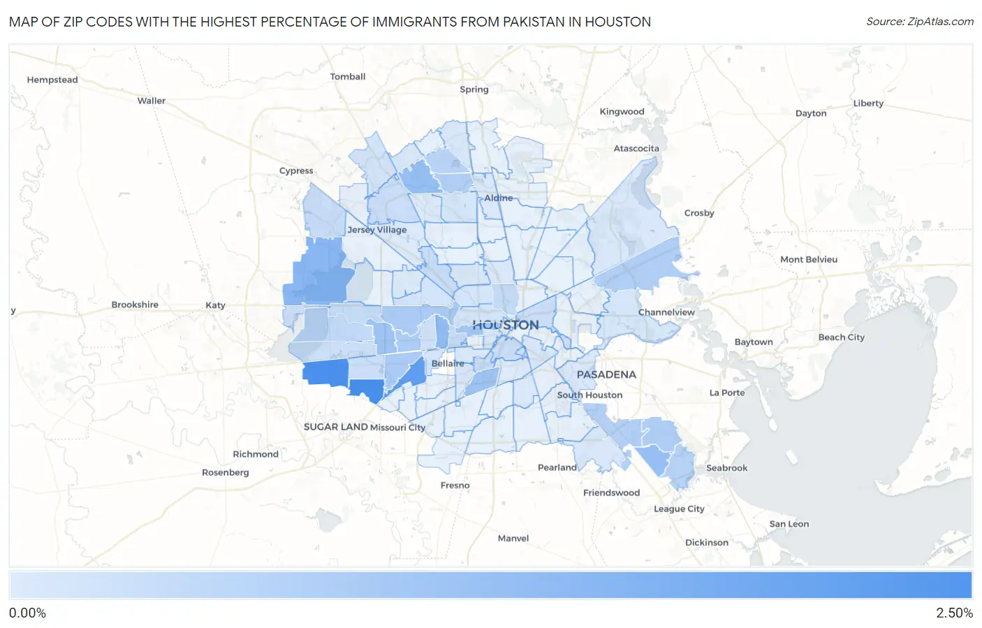 Zip Codes with the Highest Percentage of Immigrants from Pakistan in Houston Map