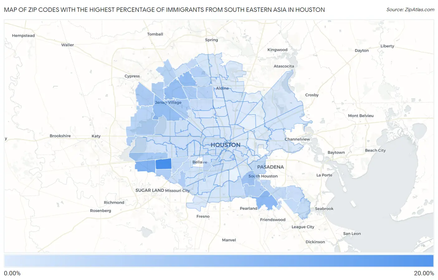 Zip Codes with the Highest Percentage of Immigrants from South Eastern Asia in Houston Map