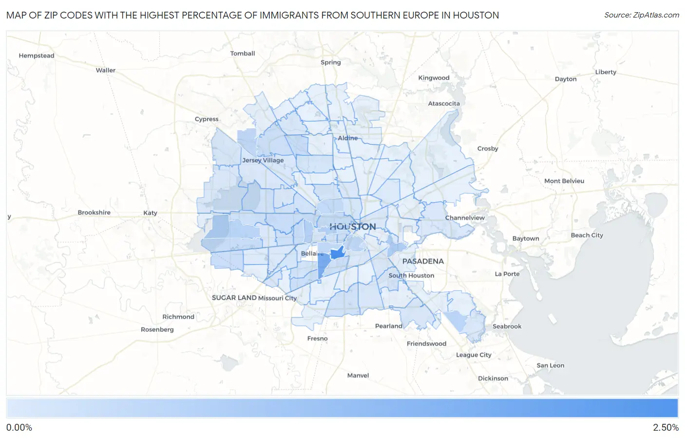 Zip Codes with the Highest Percentage of Immigrants from Southern Europe in Houston Map