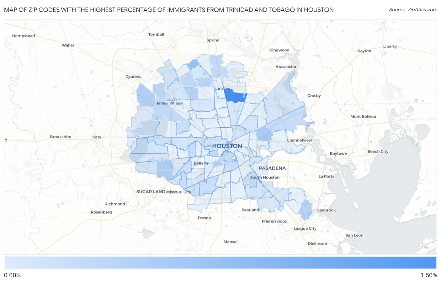 Zip Codes with the Highest Percentage of Immigrants from Trinidad and Tobago in Houston Map