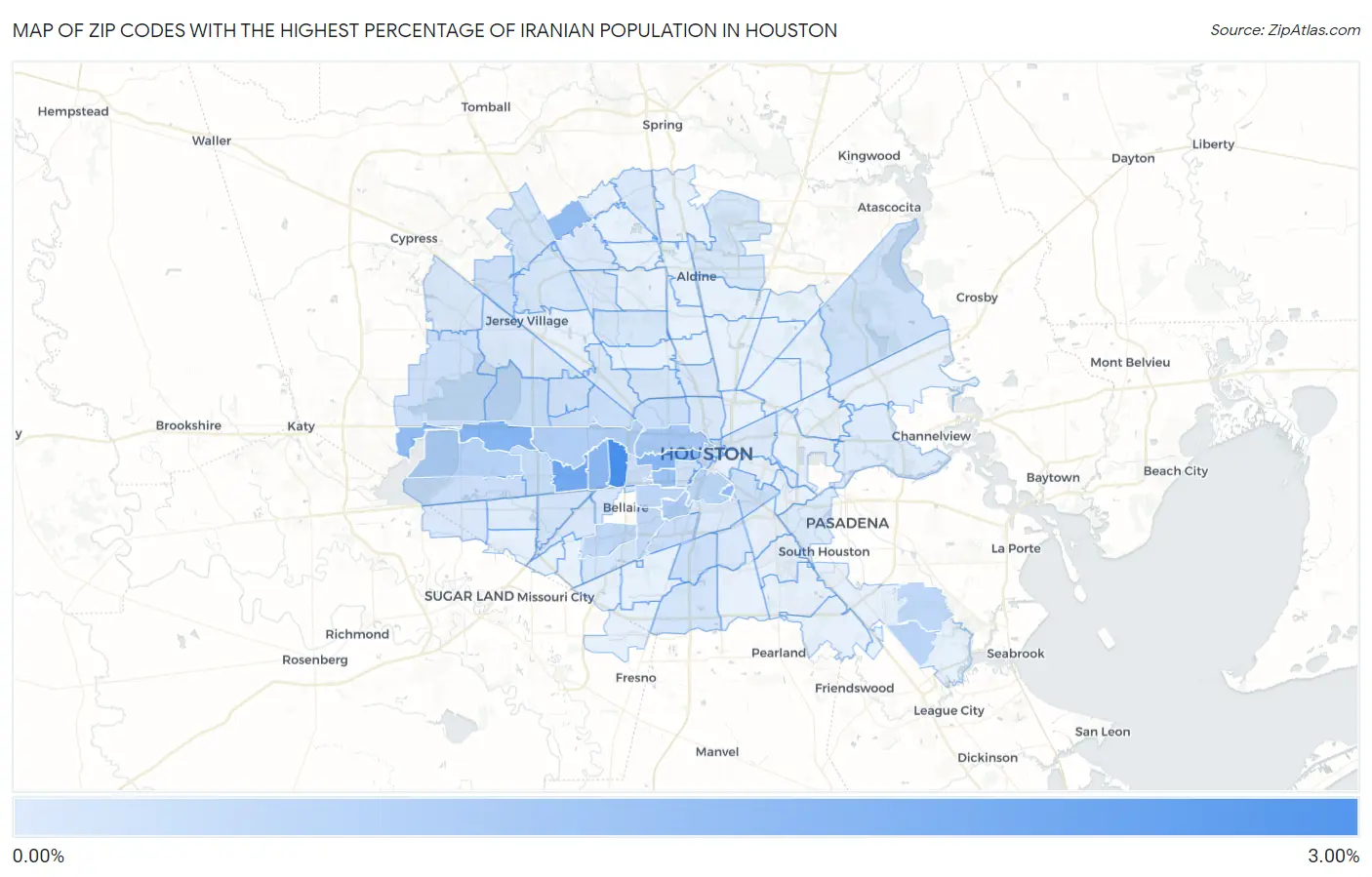 Zip Codes with the Highest Percentage of Iranian Population in Houston Map