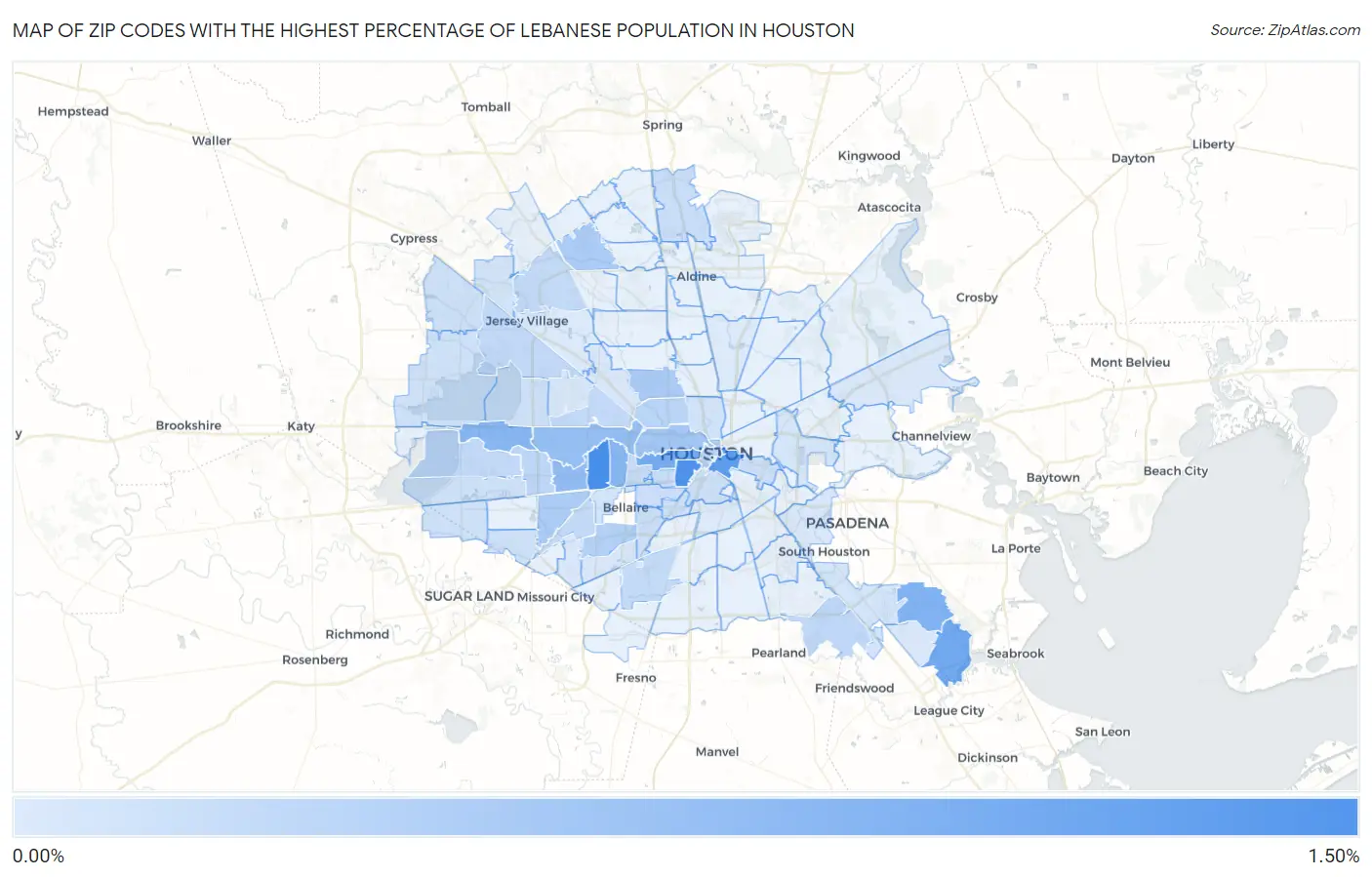 Zip Codes with the Highest Percentage of Lebanese Population in Houston Map