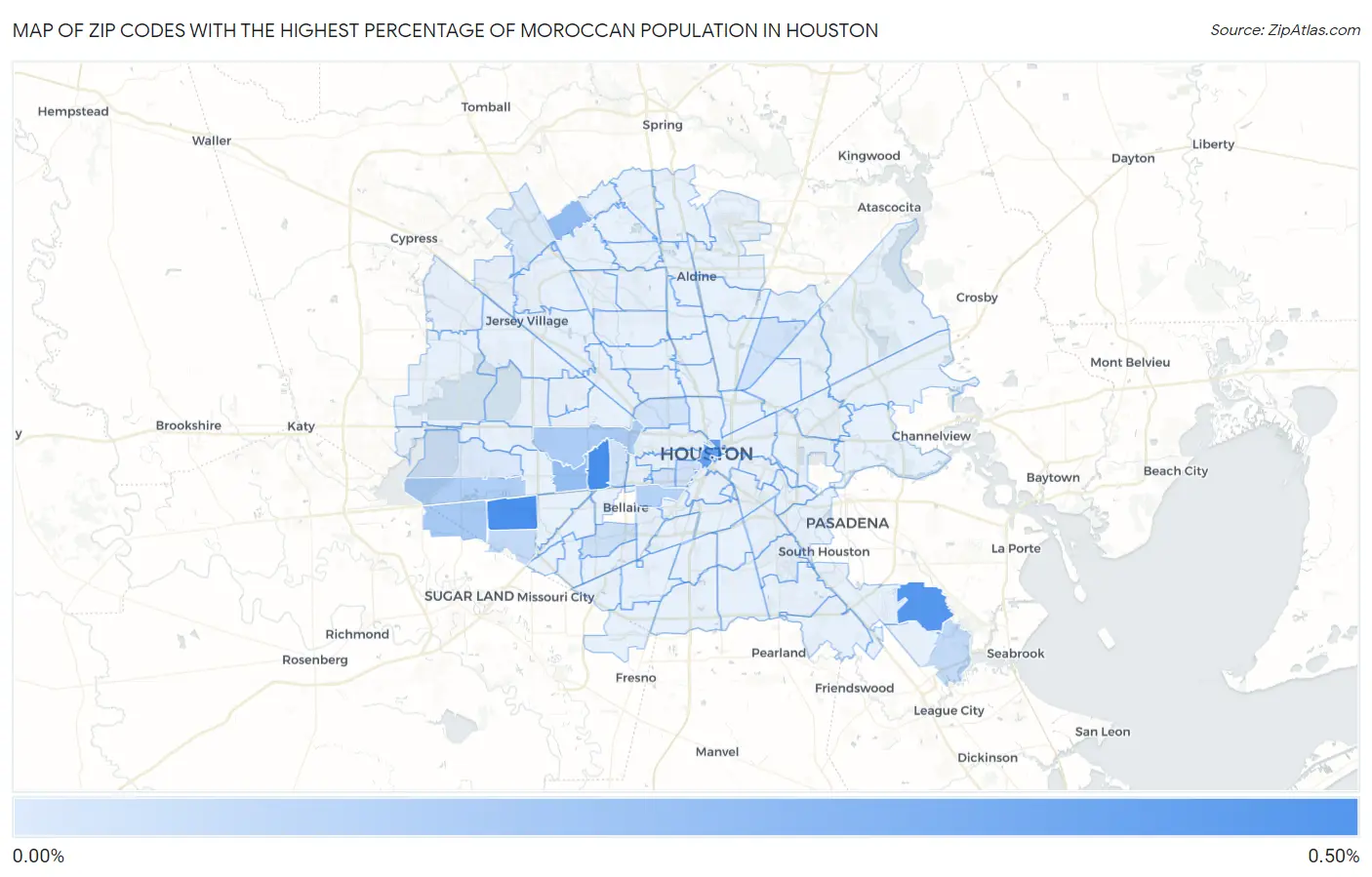 Zip Codes with the Highest Percentage of Moroccan Population in Houston Map