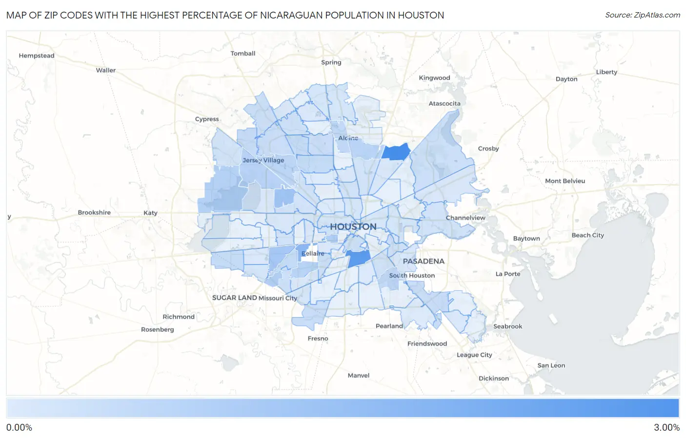 Zip Codes with the Highest Percentage of Nicaraguan Population in Houston Map