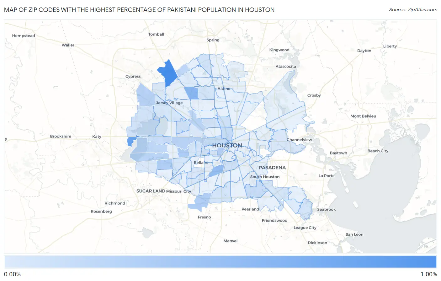 Zip Codes with the Highest Percentage of Pakistani Population in Houston Map