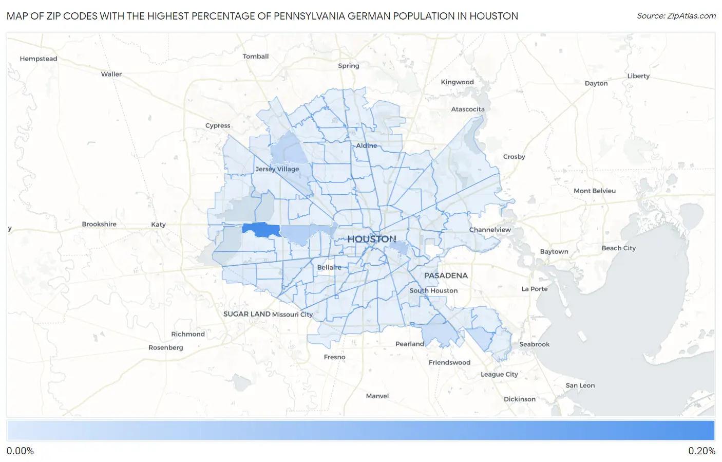 Zip Codes with the Highest Percentage of Pennsylvania German Population in Houston Map