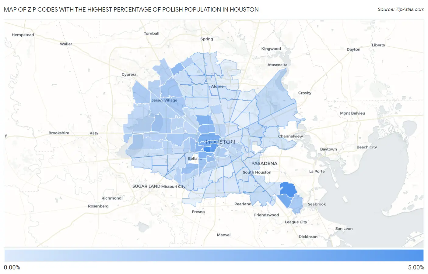 Zip Codes with the Highest Percentage of Polish Population in Houston Map