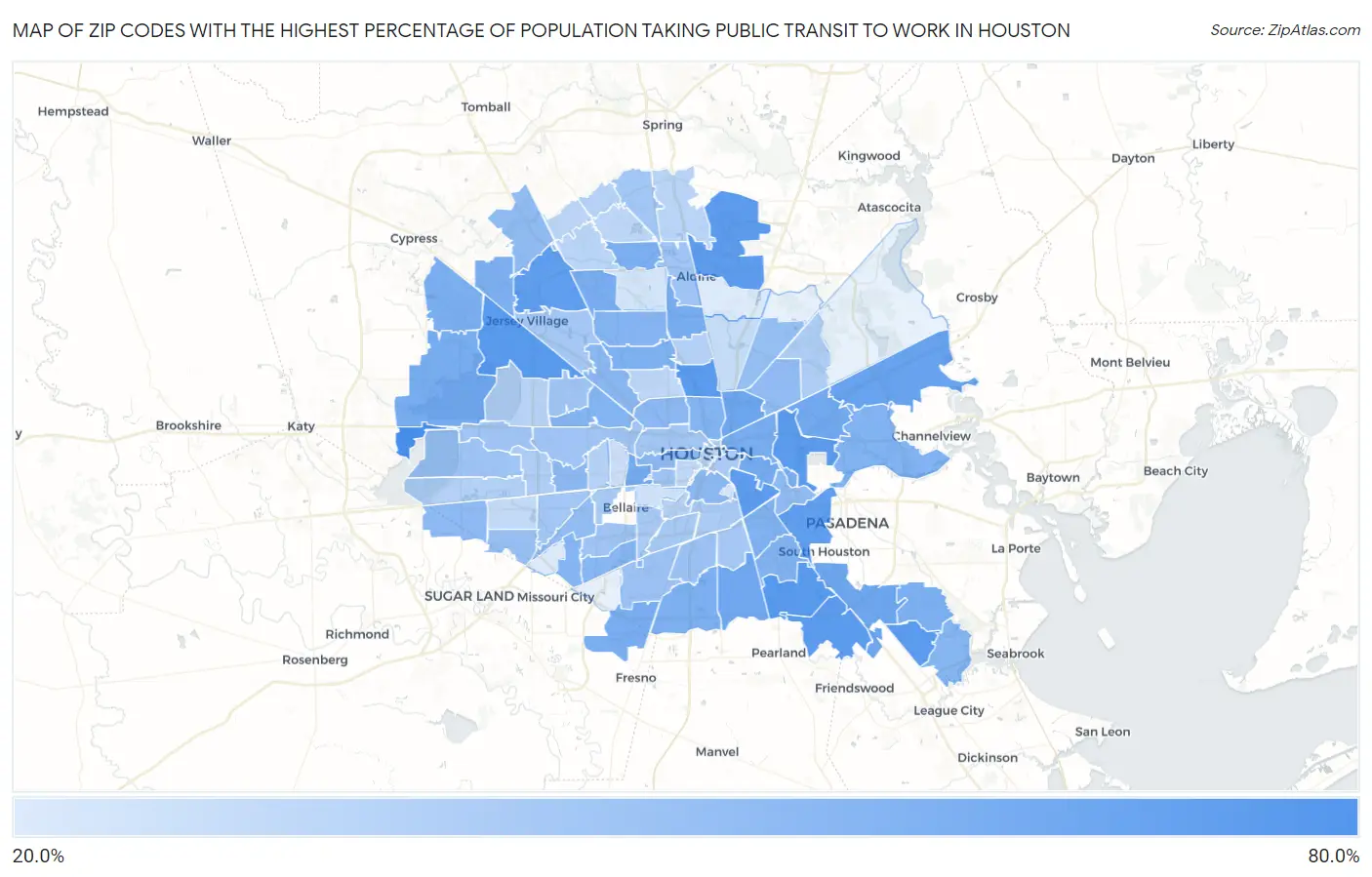 Zip Codes with the Highest Percentage of Population Taking Public Transit to Work in Houston Map