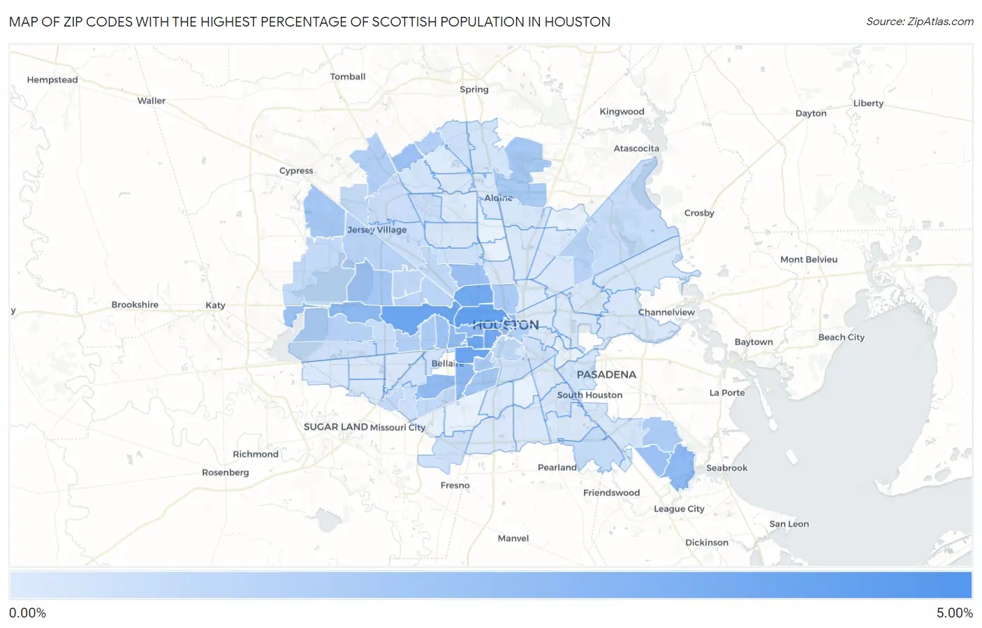 Zip Codes with the Highest Percentage of Scottish Population in Houston Map