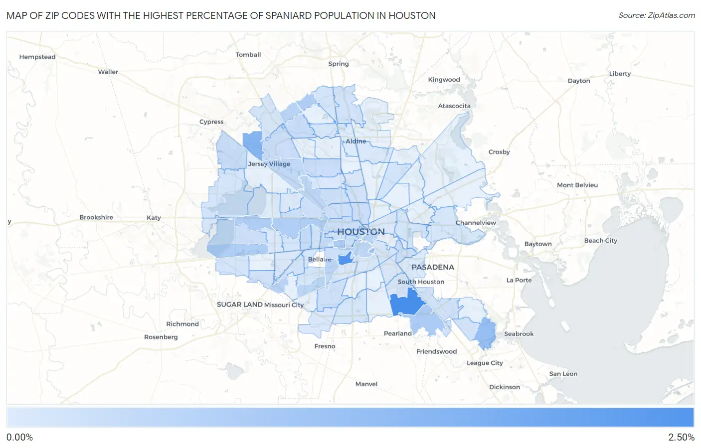 Zip Codes with the Highest Percentage of Spaniard Population in Houston Map