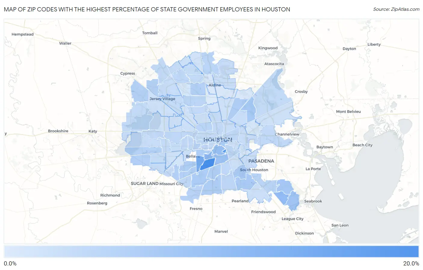 Zip Codes with the Highest Percentage of State Government Employees in Houston Map