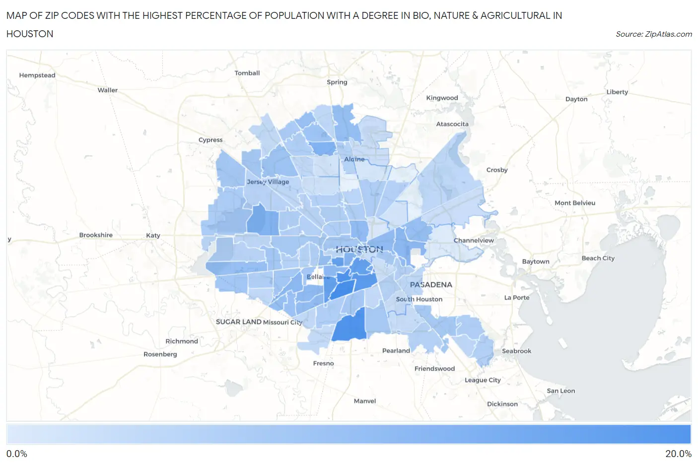Zip Codes with the Highest Percentage of Population with a Degree in Bio, Nature & Agricultural in Houston Map