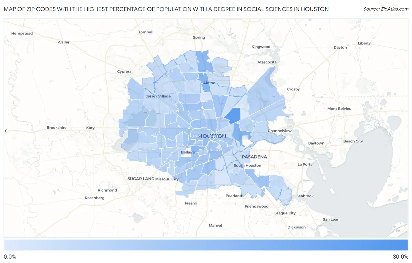 Zip Codes with the Highest Percentage of Population with a Degree in Social Sciences in Houston Map