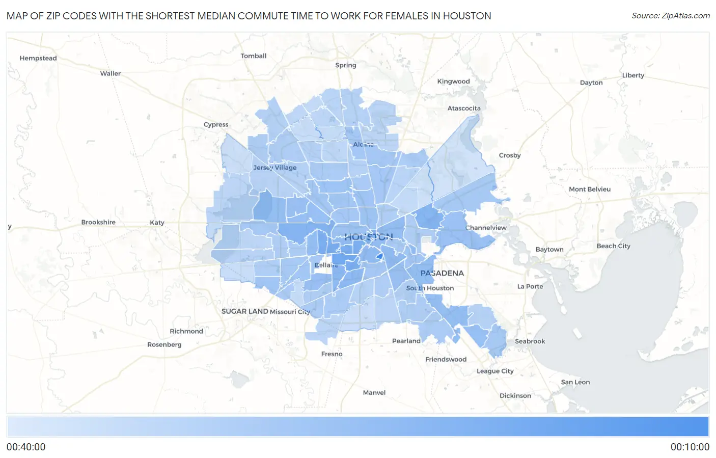 Zip Codes with the Shortest Median Commute Time to Work for Females in Houston Map