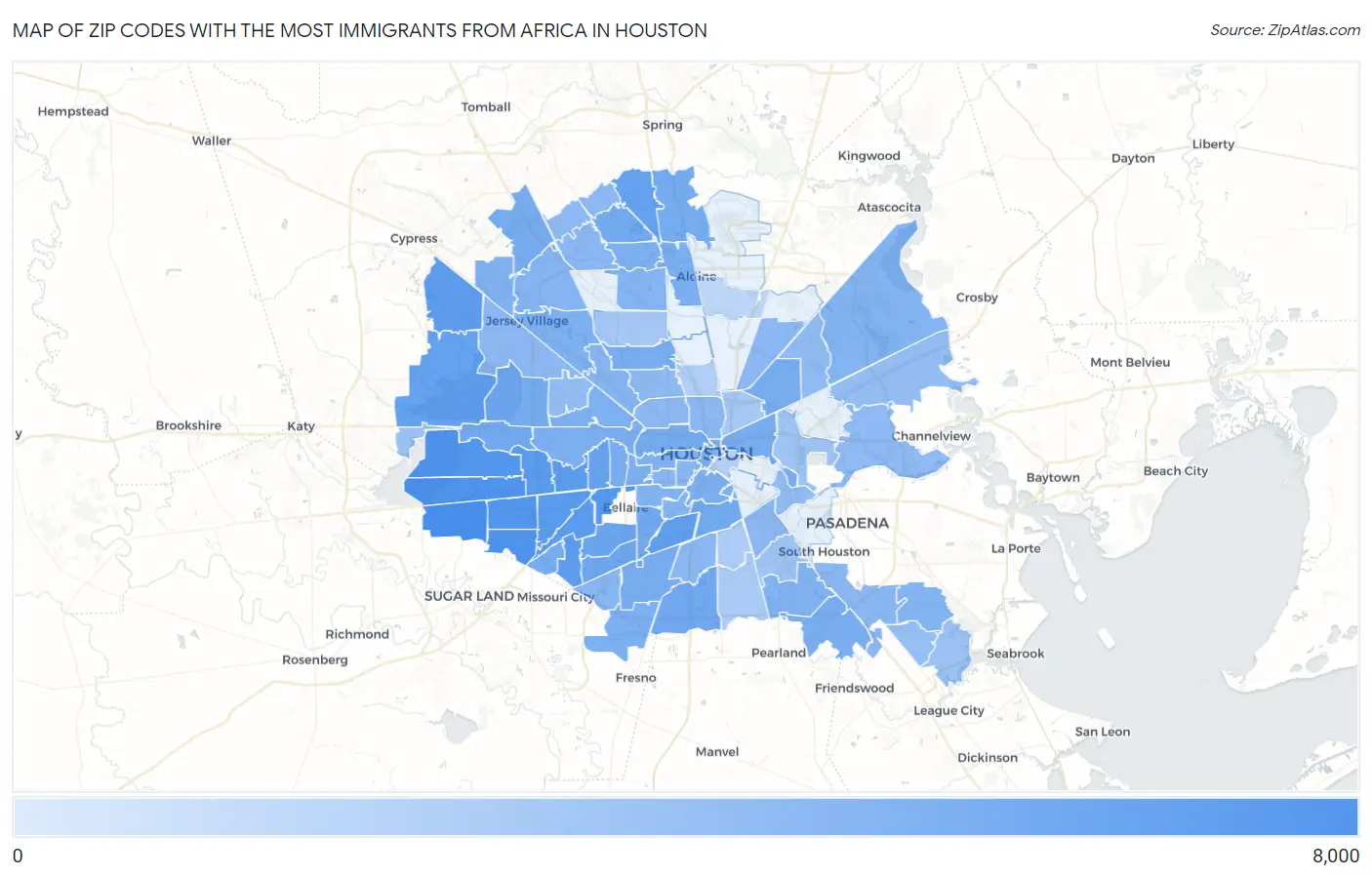 Zip Codes with the Most Immigrants from Africa in Houston Map