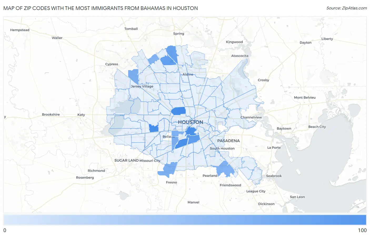 Zip Codes with the Most Immigrants from Bahamas in Houston Map
