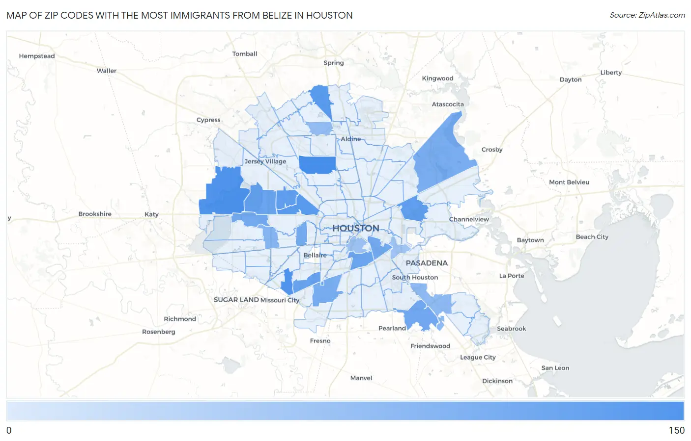 Zip Codes with the Most Immigrants from Belize in Houston Map