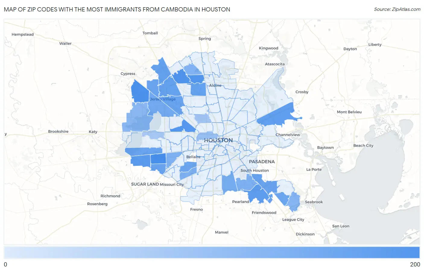 Zip Codes with the Most Immigrants from Cambodia in Houston Map