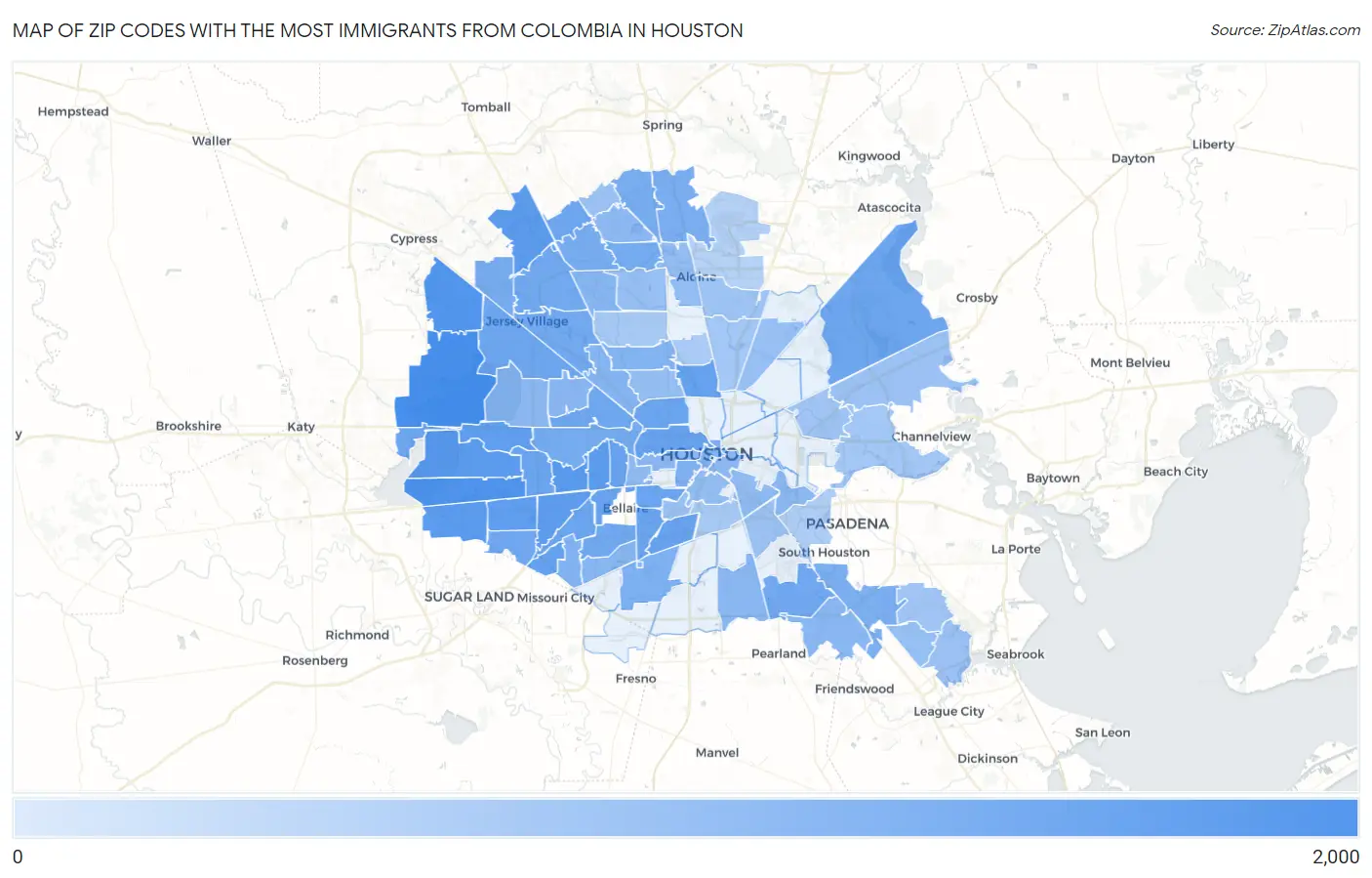 Zip Codes with the Most Immigrants from Colombia in Houston Map