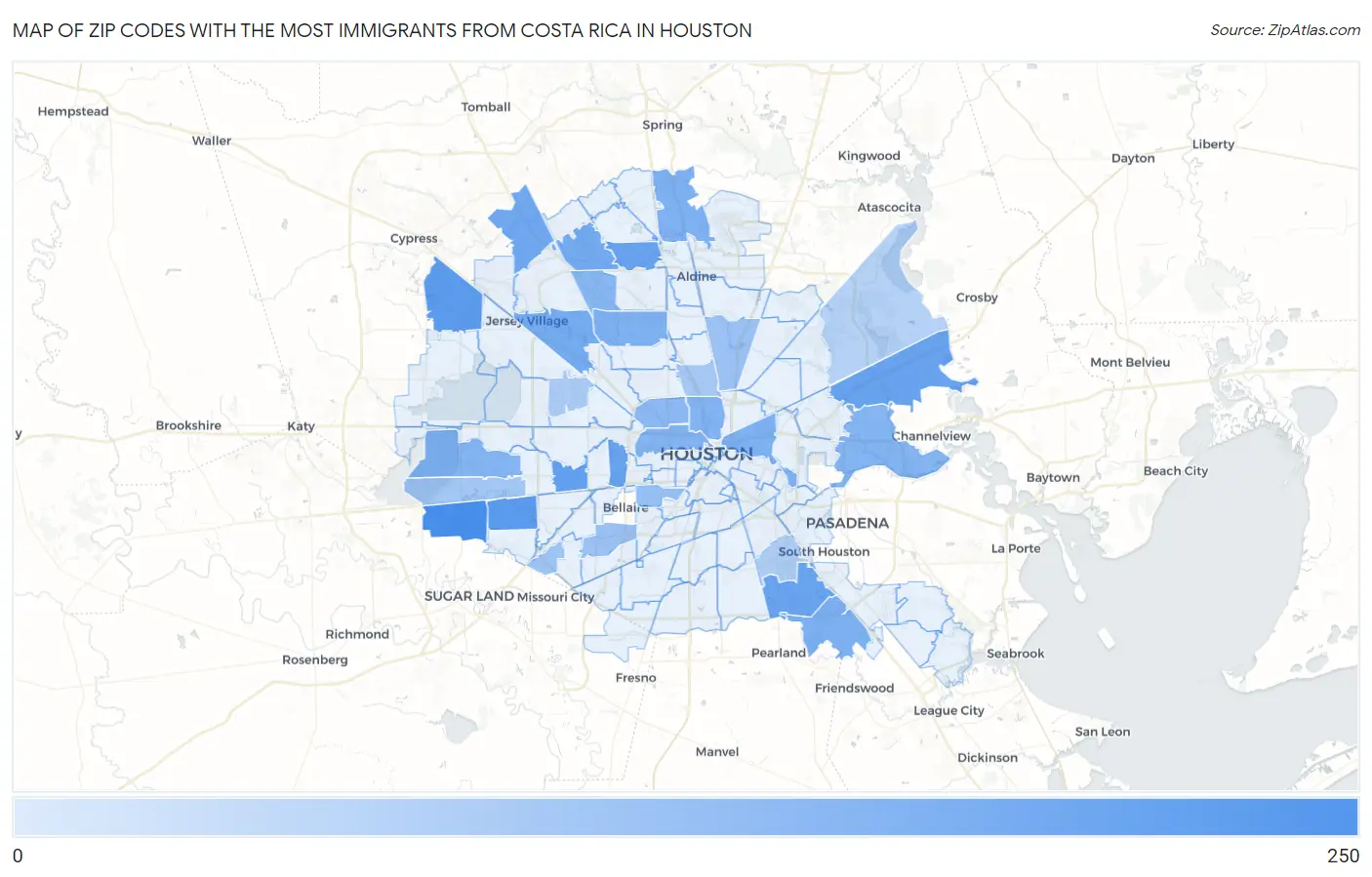 Zip Codes with the Most Immigrants from Costa Rica in Houston Map