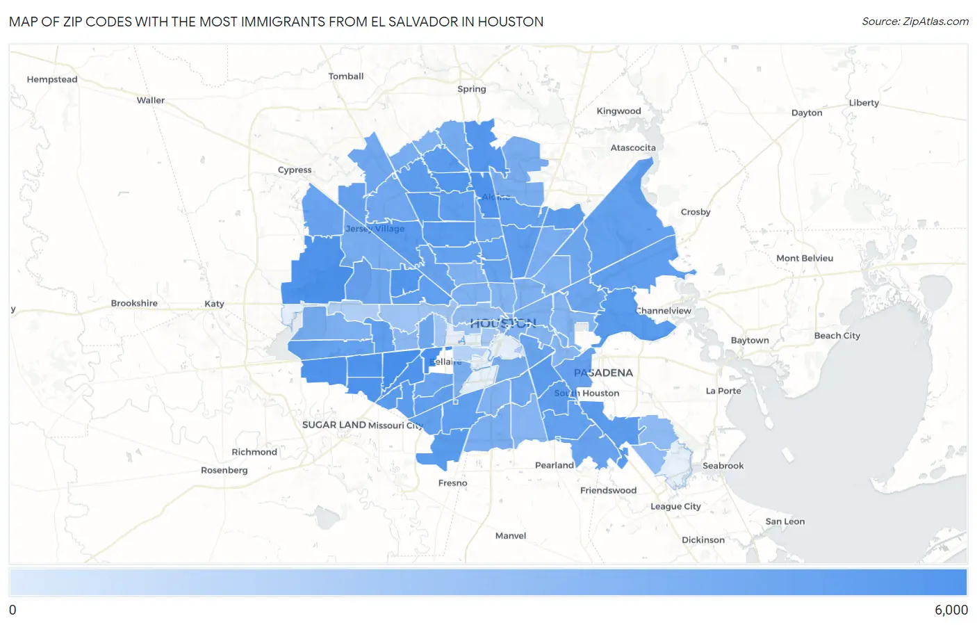 Zip Codes with the Most Immigrants from El Salvador in Houston Map