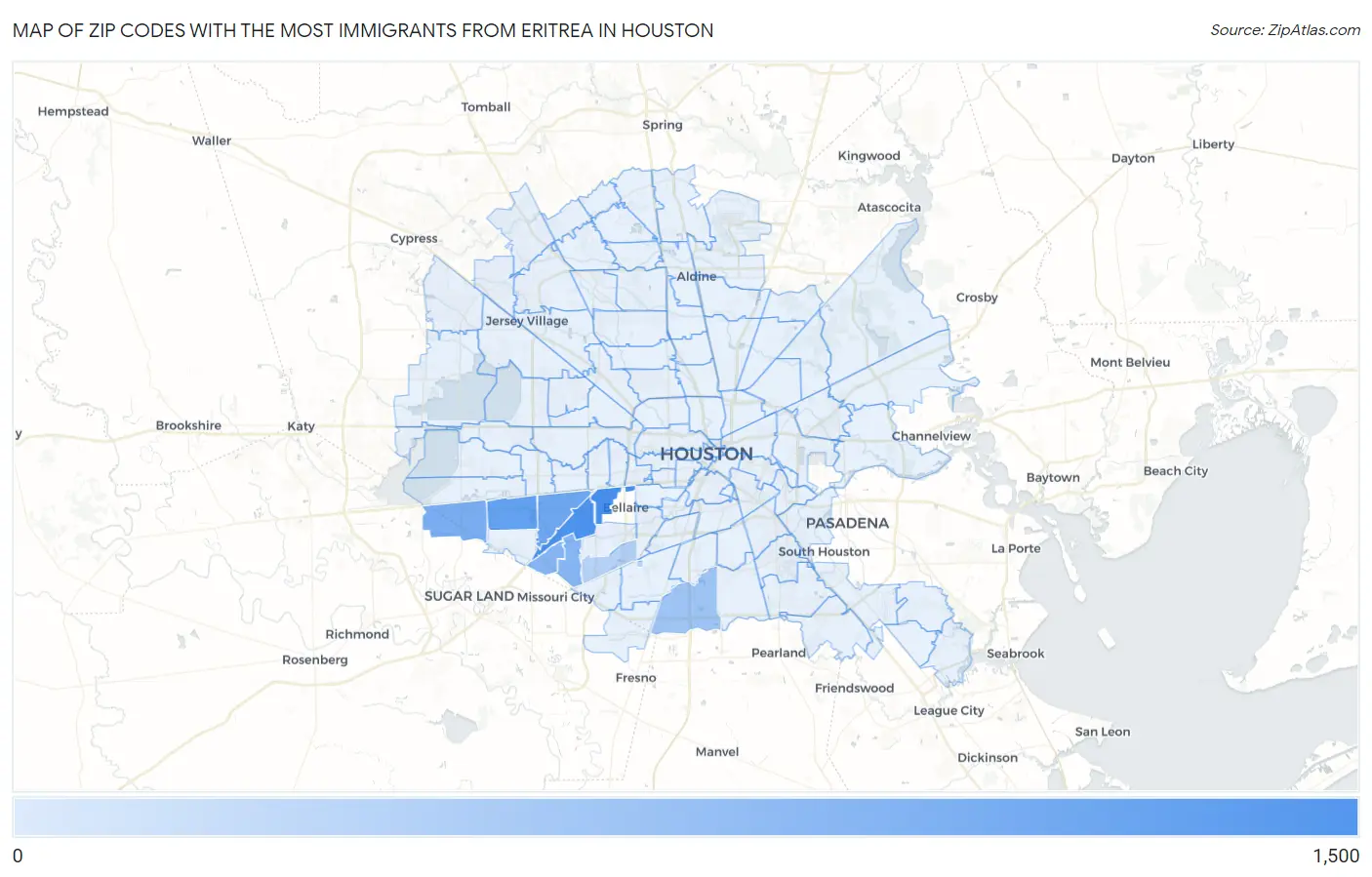 Zip Codes with the Most Immigrants from Eritrea in Houston Map