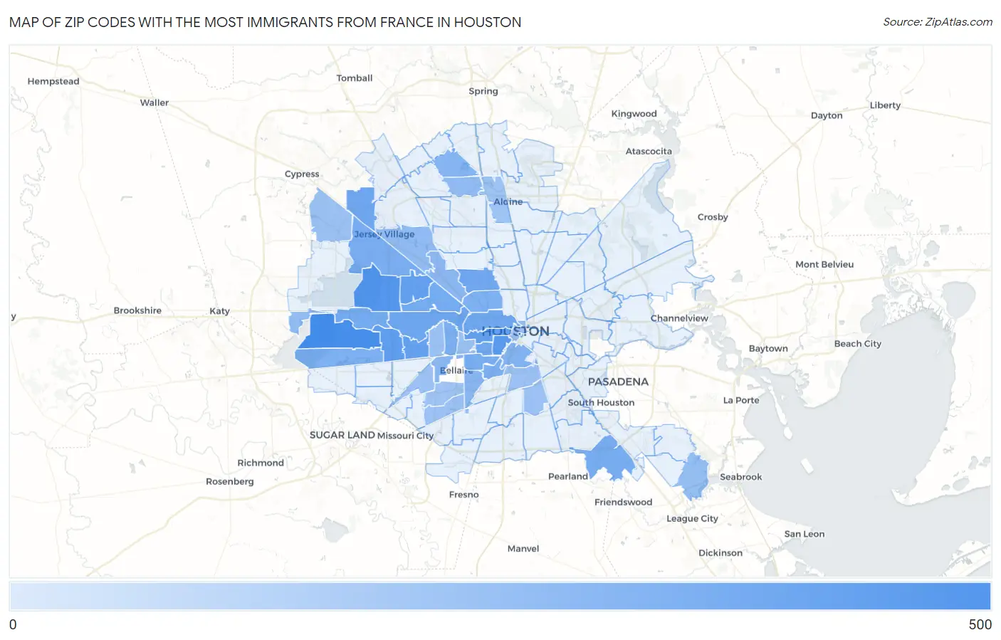 Zip Codes with the Most Immigrants from France in Houston Map