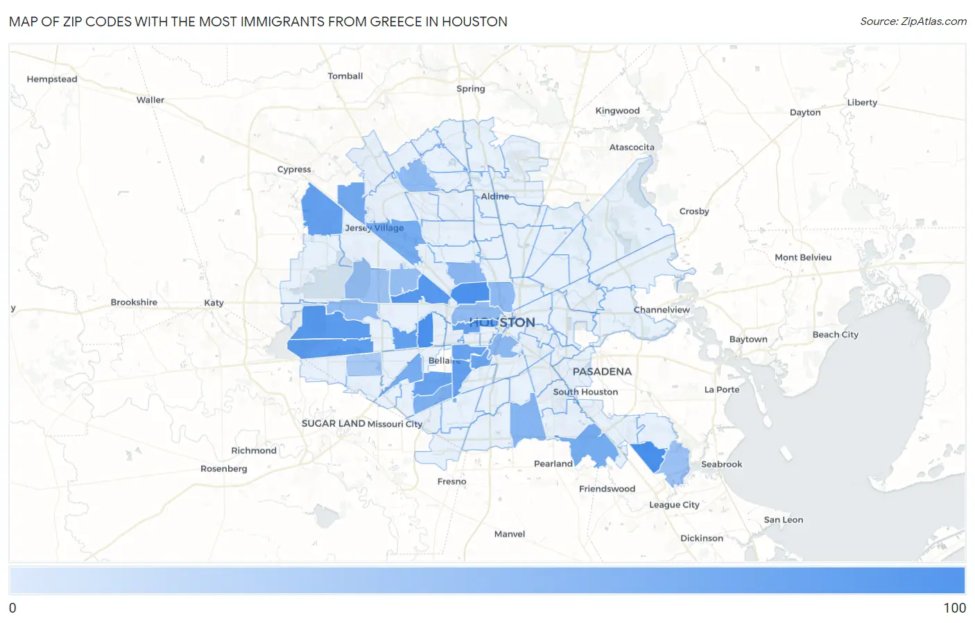 Zip Codes with the Most Immigrants from Greece in Houston Map