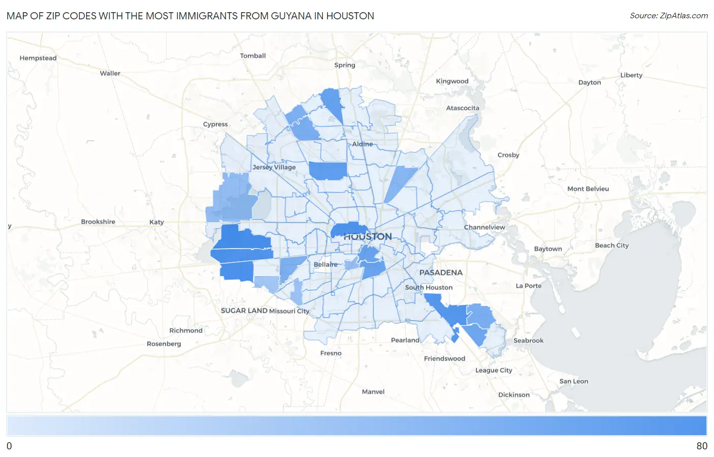 Zip Codes with the Most Immigrants from Guyana in Houston Map