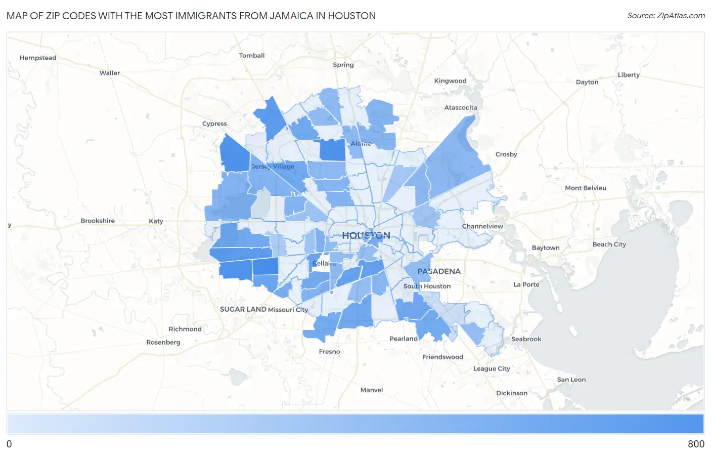 Zip Codes with the Most Immigrants from Jamaica in Houston Map
