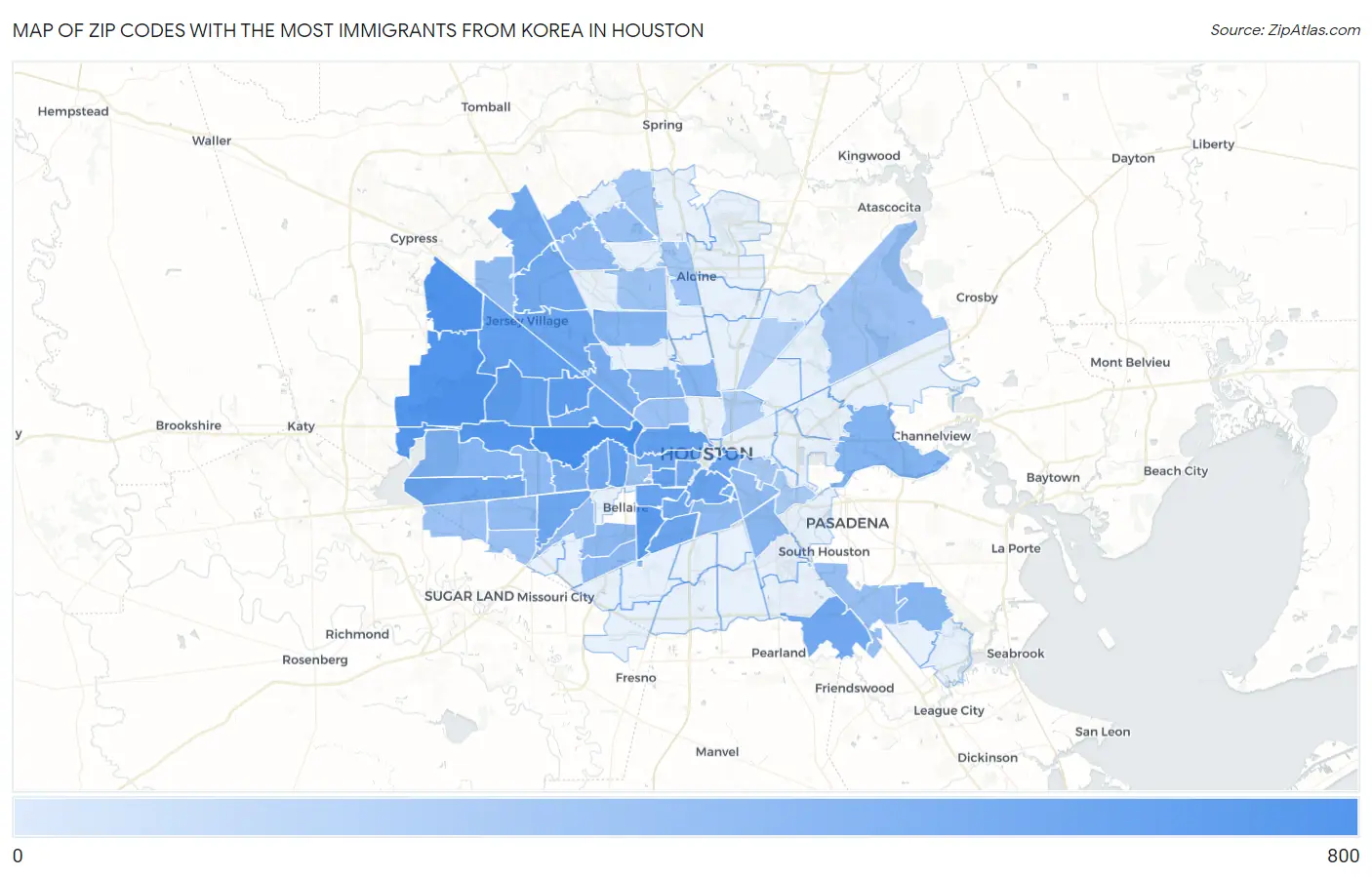 Zip Codes with the Most Immigrants from Korea in Houston Map
