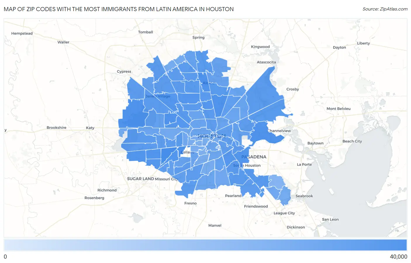 Zip Codes with the Most Immigrants from Latin America in Houston Map