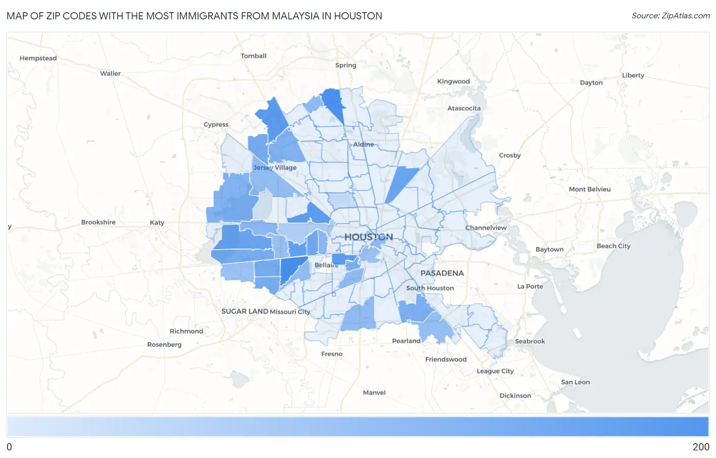 Zip Codes with the Most Immigrants from Malaysia in Houston Map