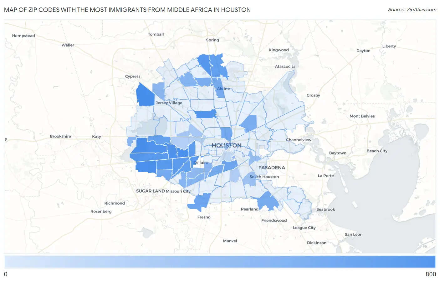 Zip Codes with the Most Immigrants from Middle Africa in Houston Map