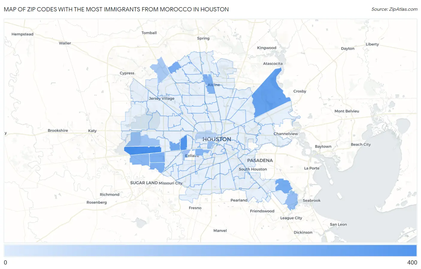 Zip Codes with the Most Immigrants from Morocco in Houston Map