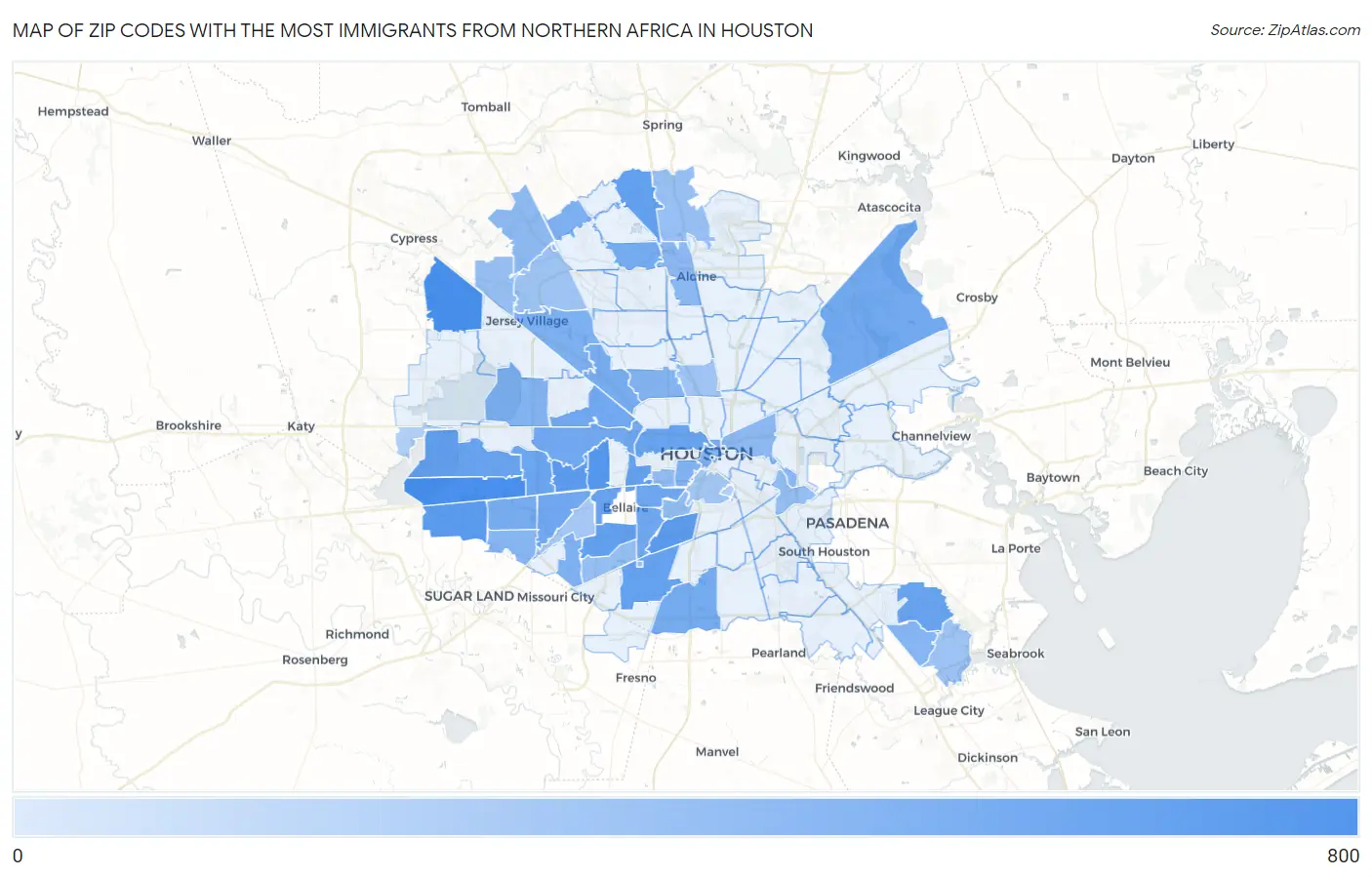 Zip Codes with the Most Immigrants from Northern Africa in Houston Map