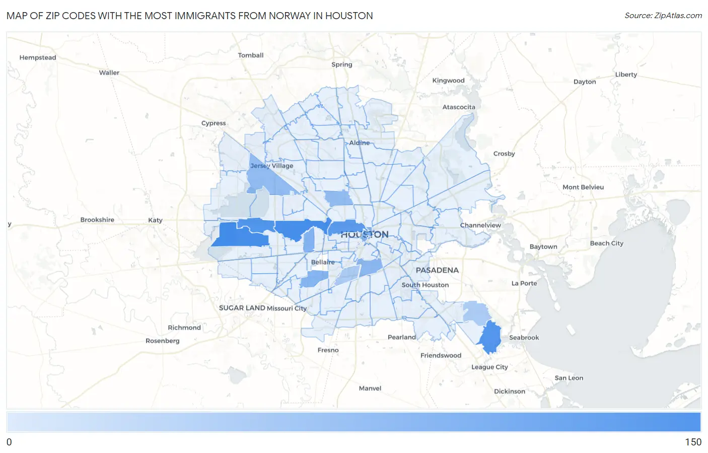 Zip Codes with the Most Immigrants from Norway in Houston Map