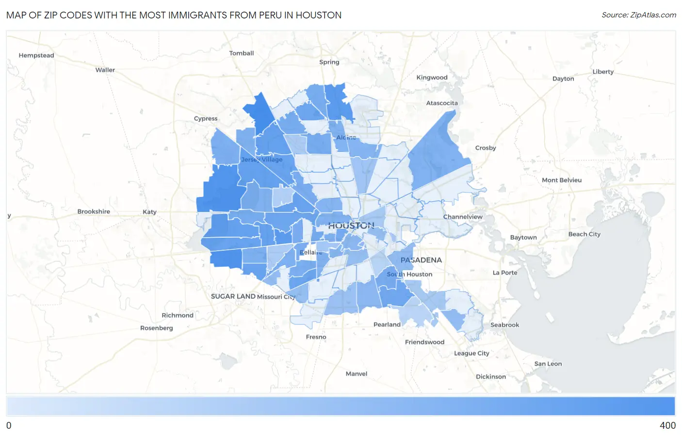 Zip Codes with the Most Immigrants from Peru in Houston Map