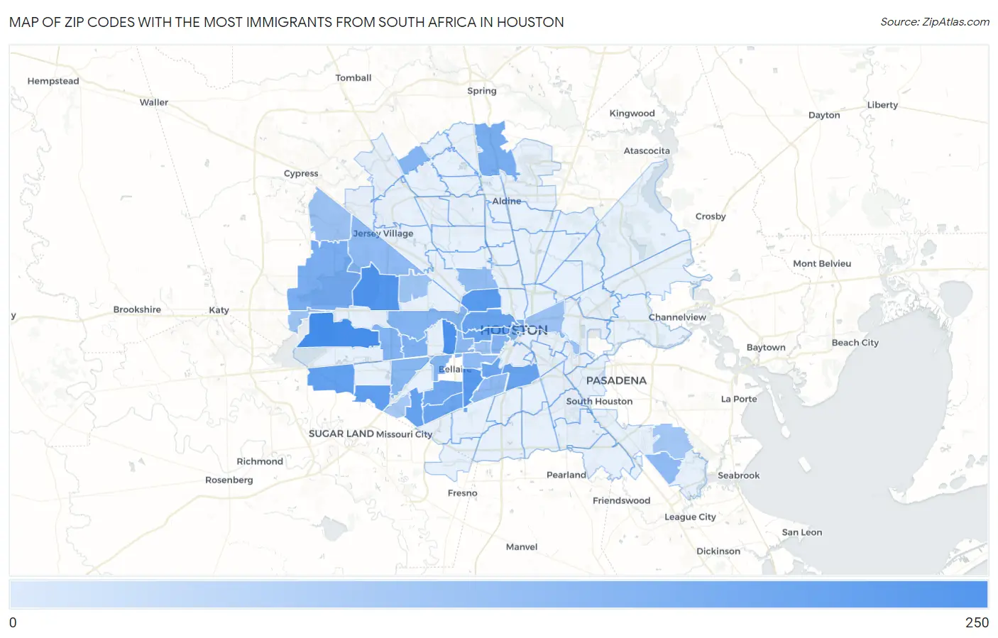 Zip Codes with the Most Immigrants from South Africa in Houston Map