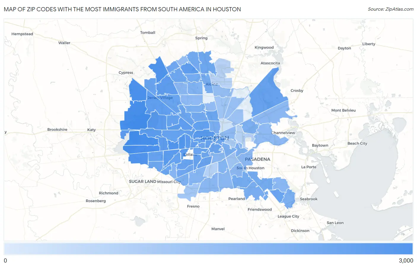 Zip Codes with the Most Immigrants from South America in Houston Map