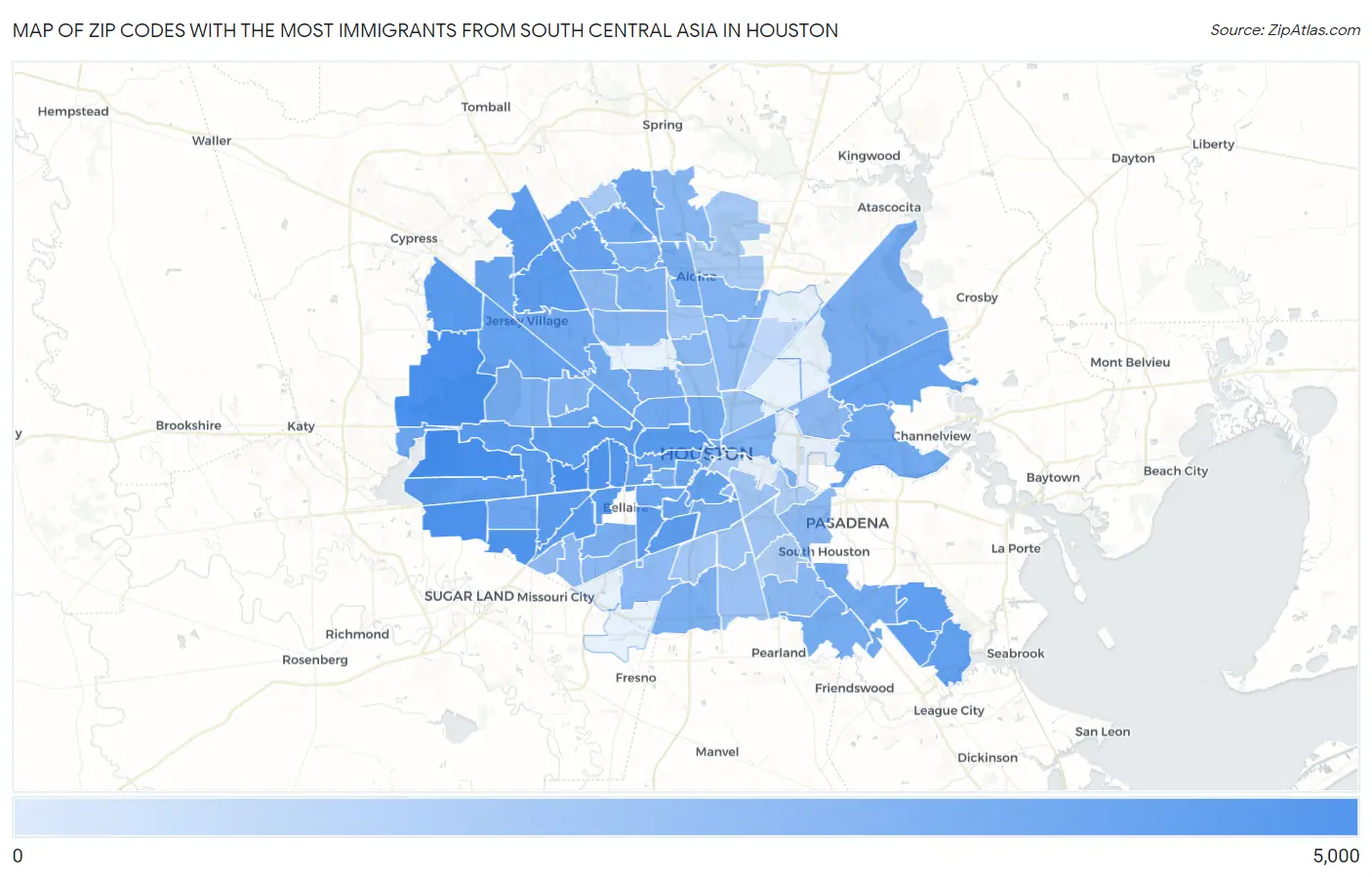 Zip Codes with the Most Immigrants from South Central Asia in Houston Map