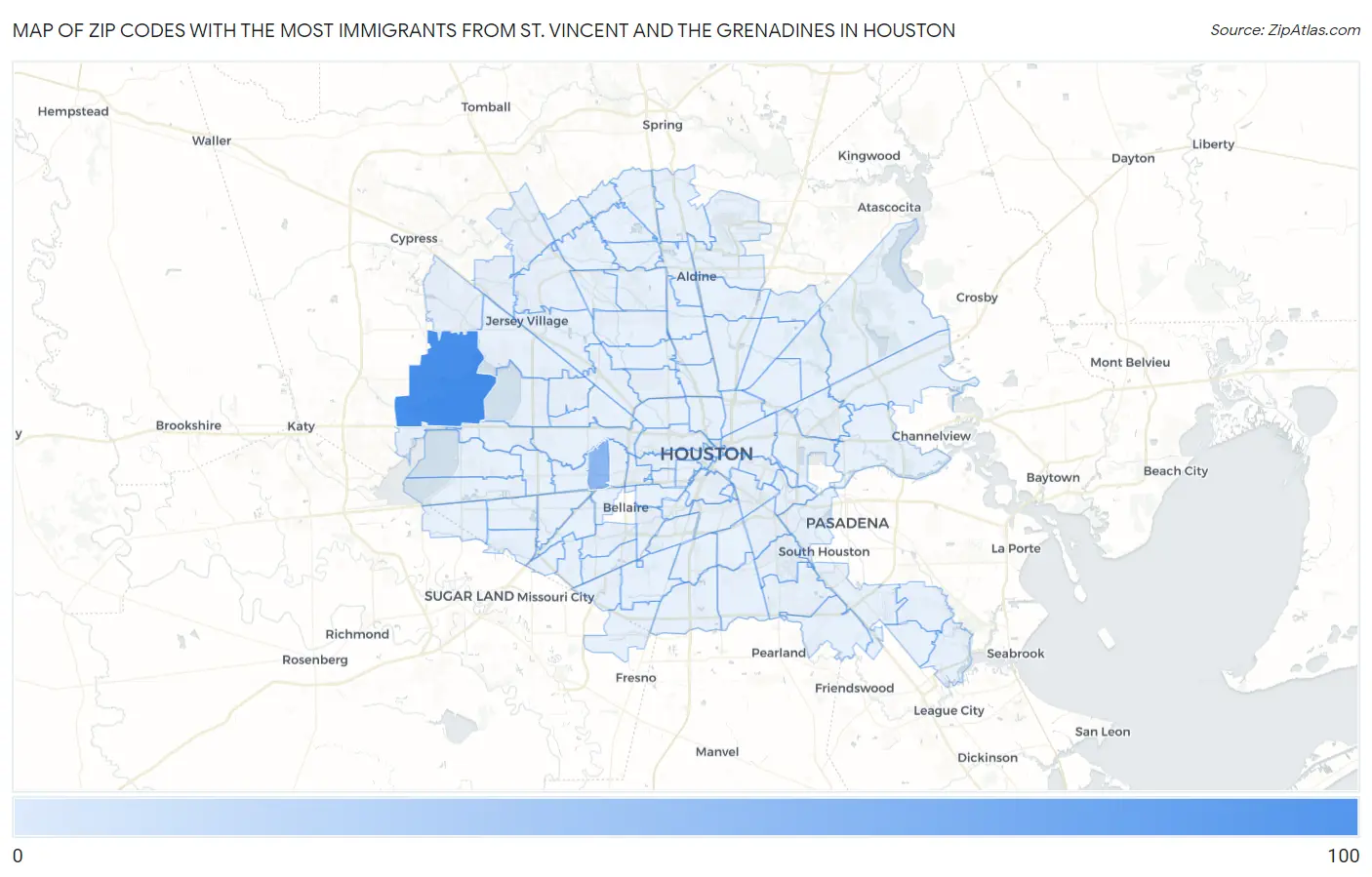 Zip Codes with the Most Immigrants from St. Vincent and the Grenadines in Houston Map