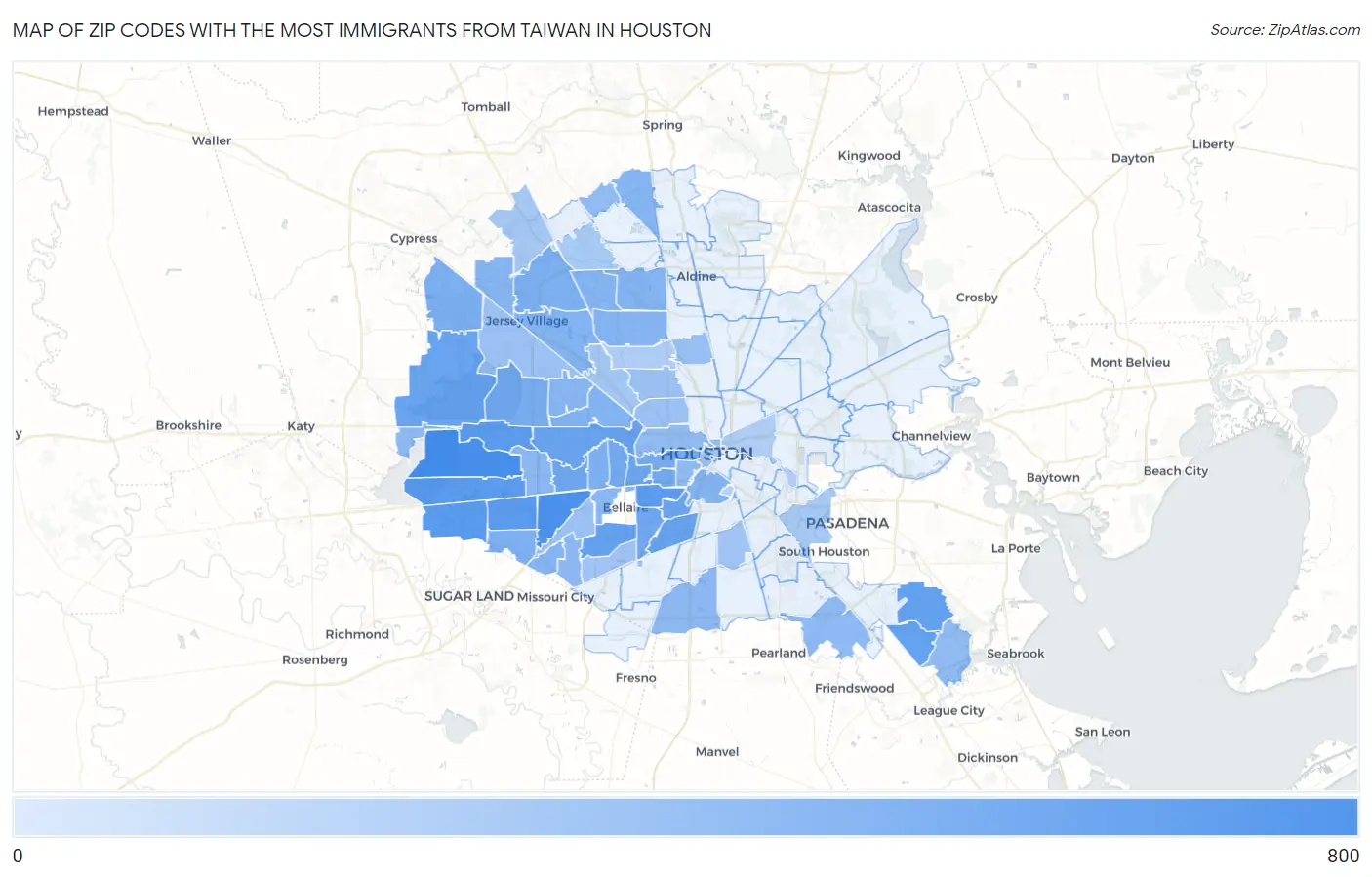 Zip Codes with the Most Immigrants from Taiwan in Houston Map