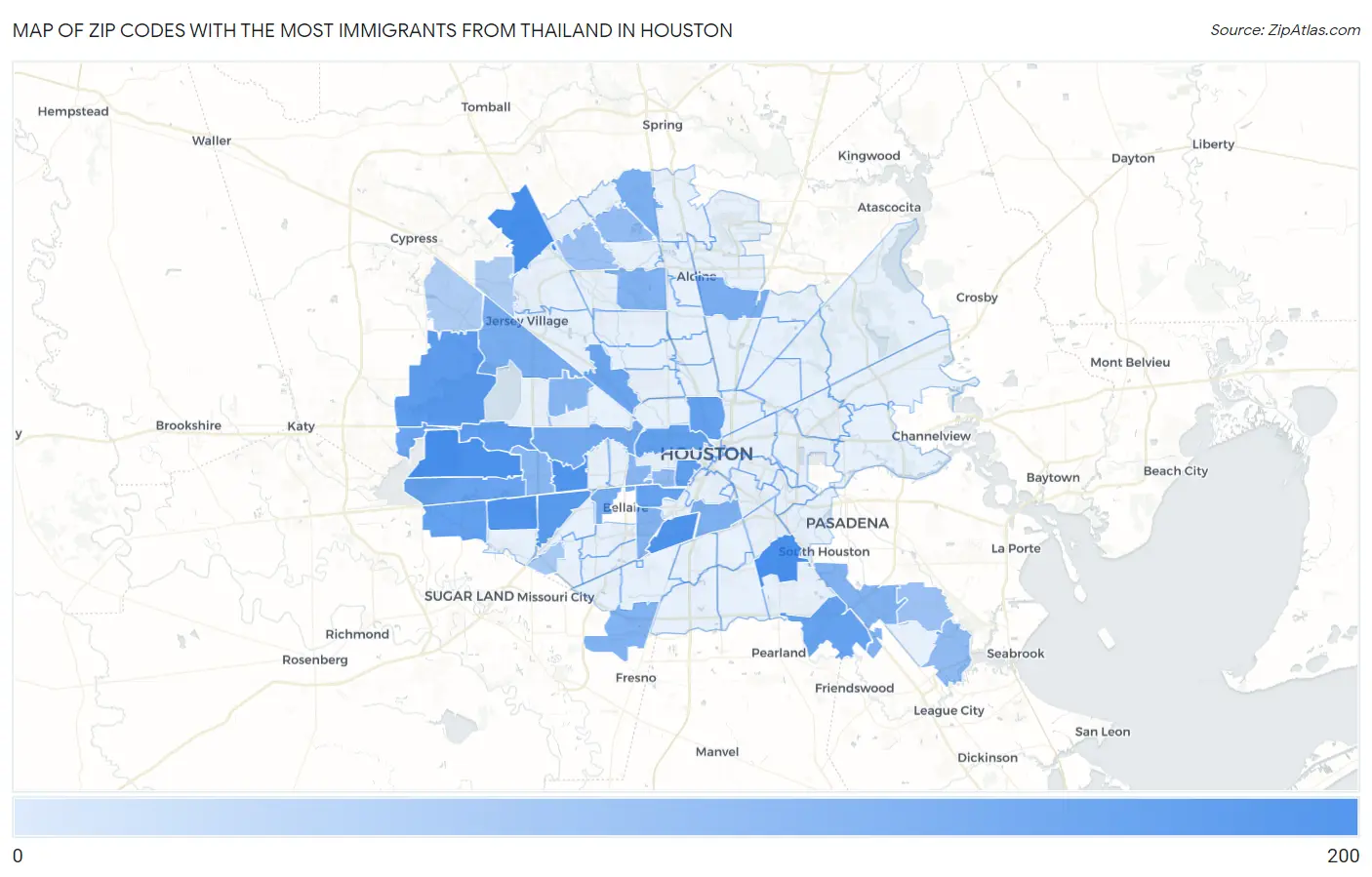 Zip Codes with the Most Immigrants from Thailand in Houston Map
