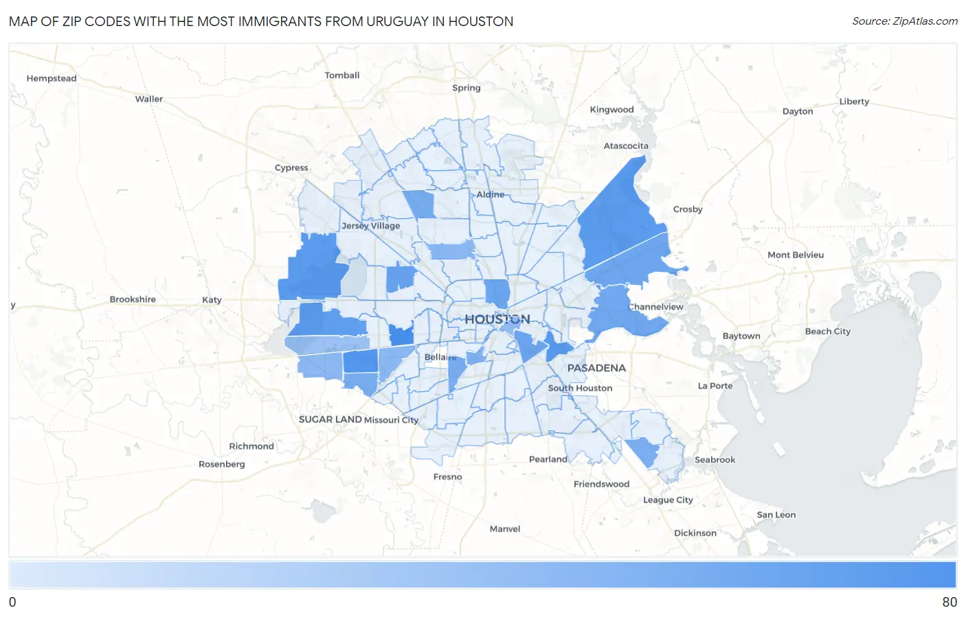 Zip Codes with the Most Immigrants from Uruguay in Houston Map